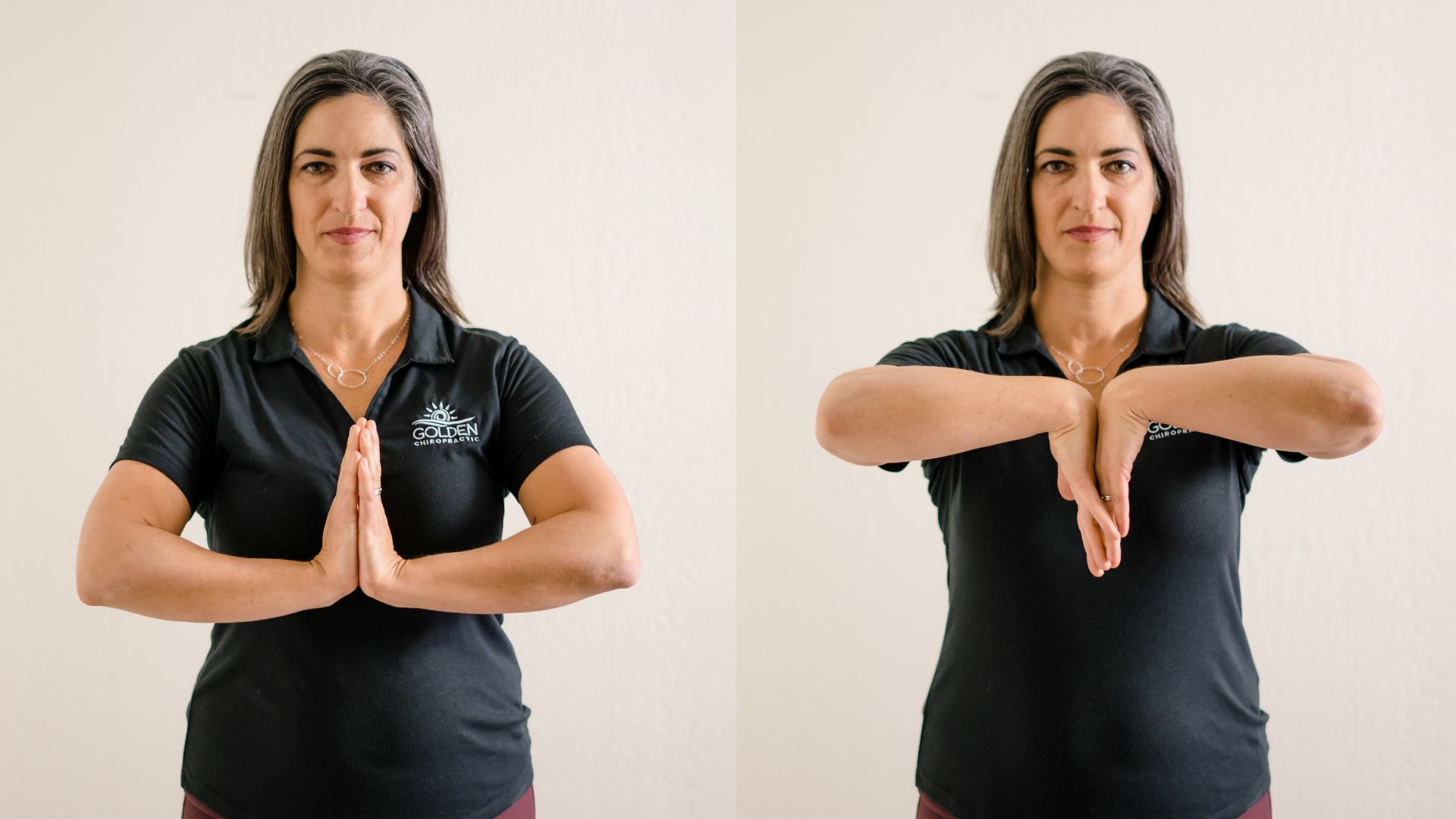 Dr Goldi demonstrates the prayer and reverse prayer stretches